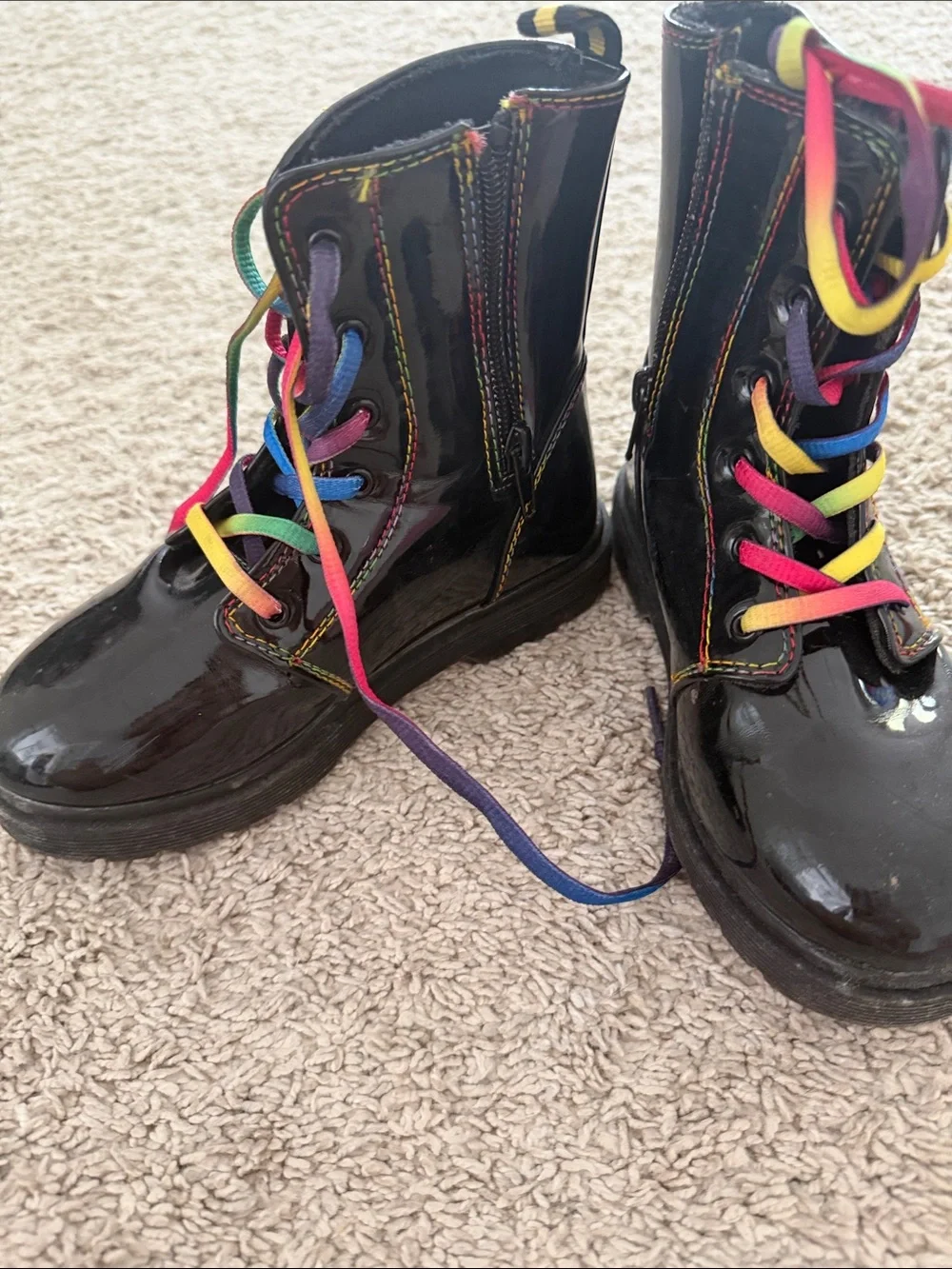 Black Patent Combat Boots with Rainbow Laces - Women